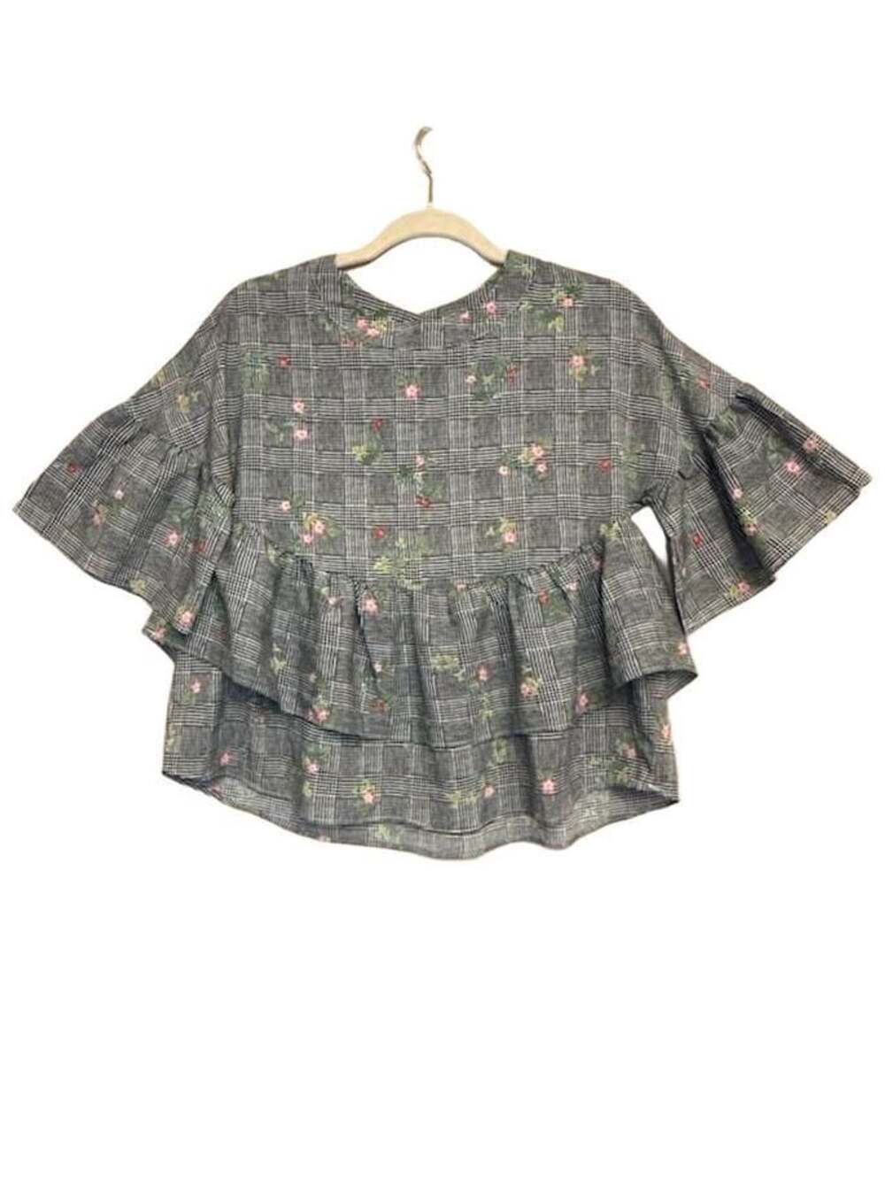 Cottagecore Ginger Plaid Floral Ruffle Sleeve Peplum Top Size S